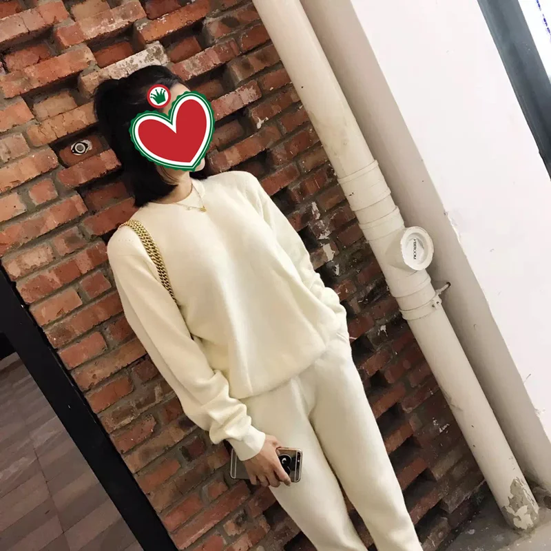 

None Elastic Waist Set Real O-neck Full 2020 New Autumn Winter Cashmere Thick Wool Sweater + Trousers Leisure Two-piece