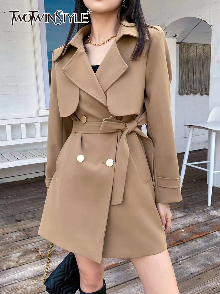 

TWOTWINSTYLE Plain Notched Loose Long Sleeve Casual Trench For Women Double Breasted Patchwork Pockets Coats Female 2021 Autumn