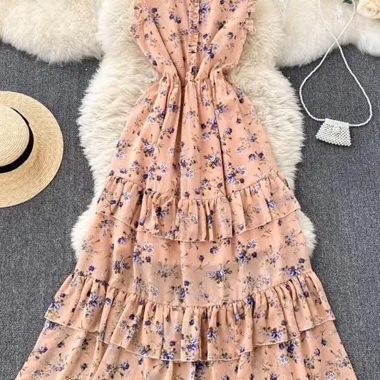 

French print sleeveless dress spring 2021 female sweet fungus edge round neck slim holiday style long dress street style Robe