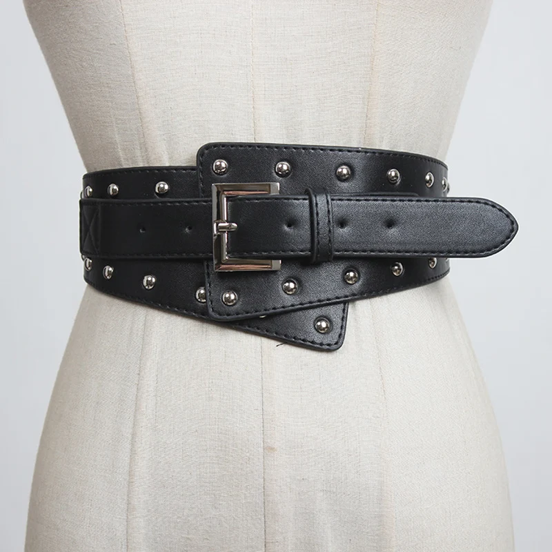 HATCYGGO New Women Belts Rivet Cummerbund PU Leather Wide Waist Belt Female Trendy Corset Belts Trench Coat Decorative Belt