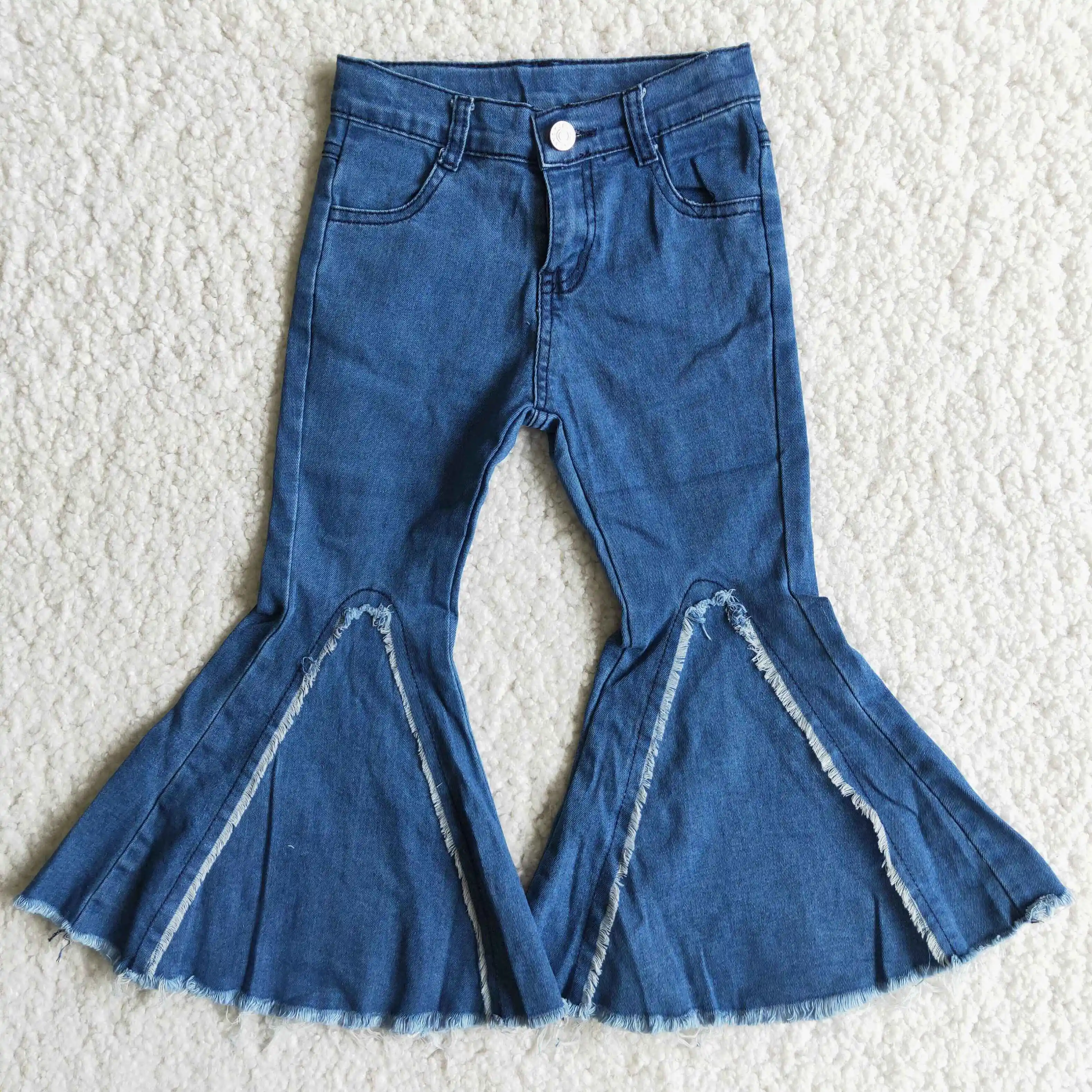 

Baby Girls Big Ruffle Blue Jeans Toddlers Bell Bottom Pants Children Kids Fashion Design Boutique Wholesale