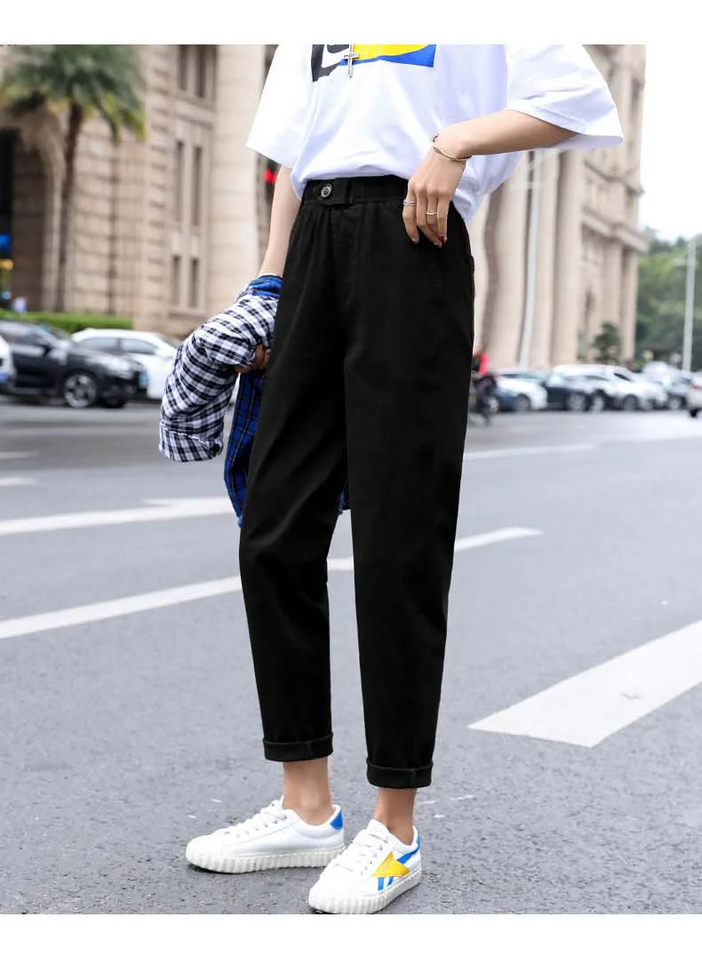 

New Spring Women Clothing Straight Overalls Casual Harem Pants Korean Elastic Waist Triangle Buckle Cargo Pants Women