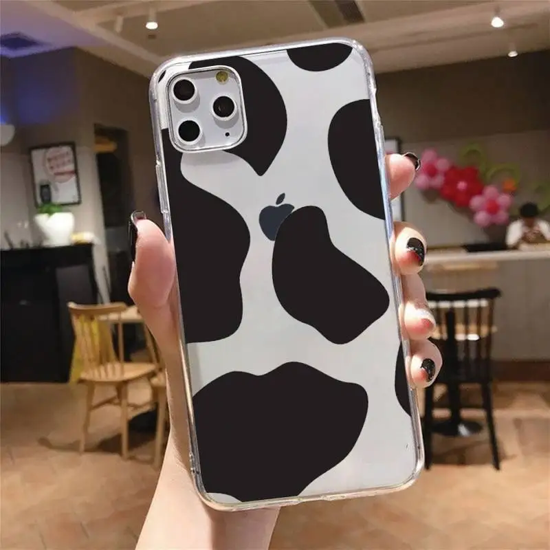 

New White Black Cow Phone Case Transparent for iPhone 6 7 8 11 12 s mini pro X XS XR MAX Plus