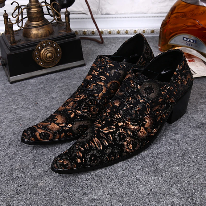 

Christia Bella New Fashion Big Size Pointed Toe Man Highten Derby Shoes Printing Genuine Leather Male Party Dress Oxfords Shoes
