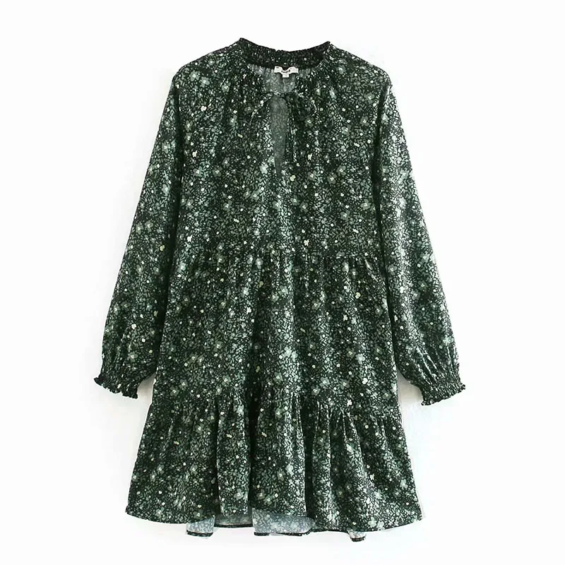 Женское платье с длинным рукавом za свободное зеленое мини цветочным принтом и