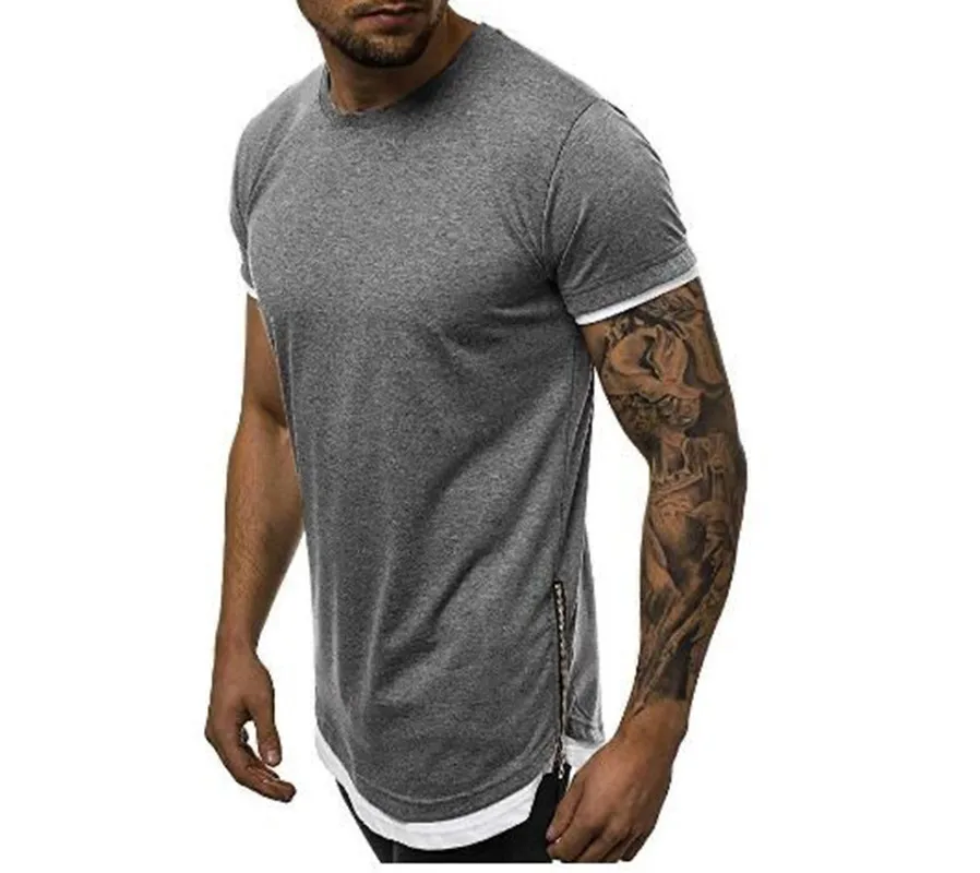 Летняя новая модная мужская повседневная Однотонная футболка на молнии сбоку с