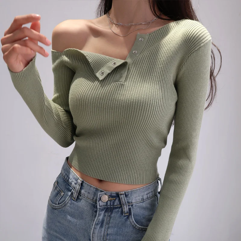 

TVVOVVIN осень 2021 сексуальный тонкий асимметричный свитер с длинным рукавом и открытыми плечами с высокой талией Топы 1G4K