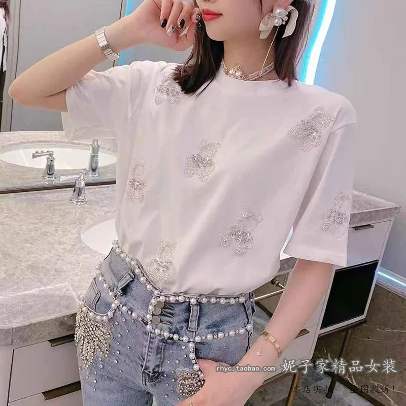 

2021 Summer Korean Style Sweet Beads Rhinestone Bear Ladies Top Pullover Loose Short Sleeve Women T-shirt Round Neck Fashion Tee