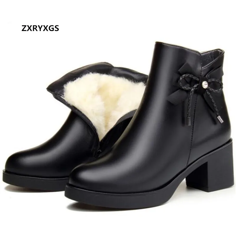 

New Classic Fashion Bow Full Top Cowhide Leather Boots Warm Shoes Woman Ankle Boots One Fur Full Wool Boots Winter Snow Boots