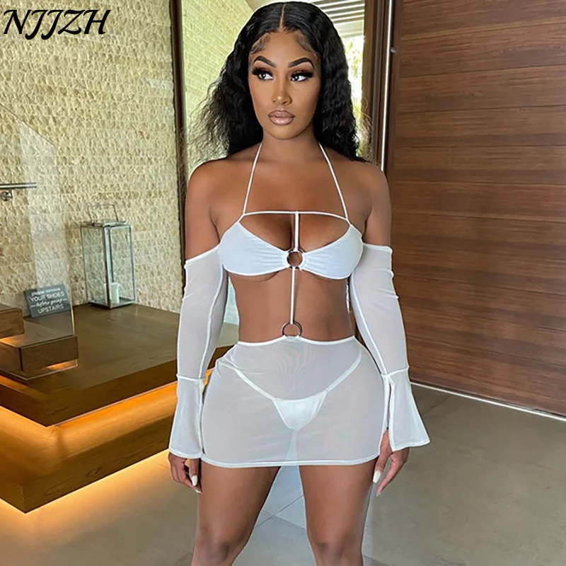 

NJJZH 2022 зимние весенние модные женские однотонные сексуальные однотонные платья с длинным рукавом с открытыми плечами и открытой спиной