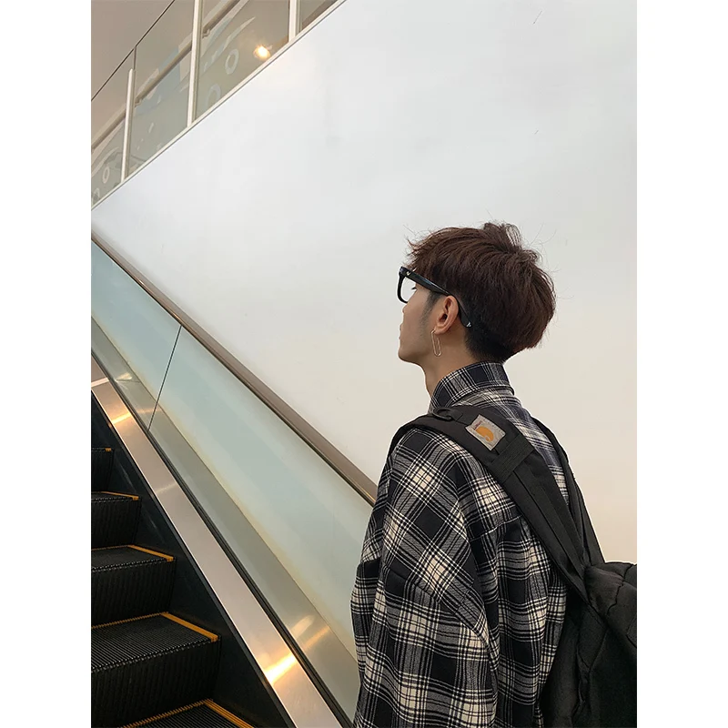 

2020 Spring And Autumn New Korean Retro BF Wind Lovers Plaid Long Sleeve Shirt Fashion Casual Loose Top Jacket Black M-XL