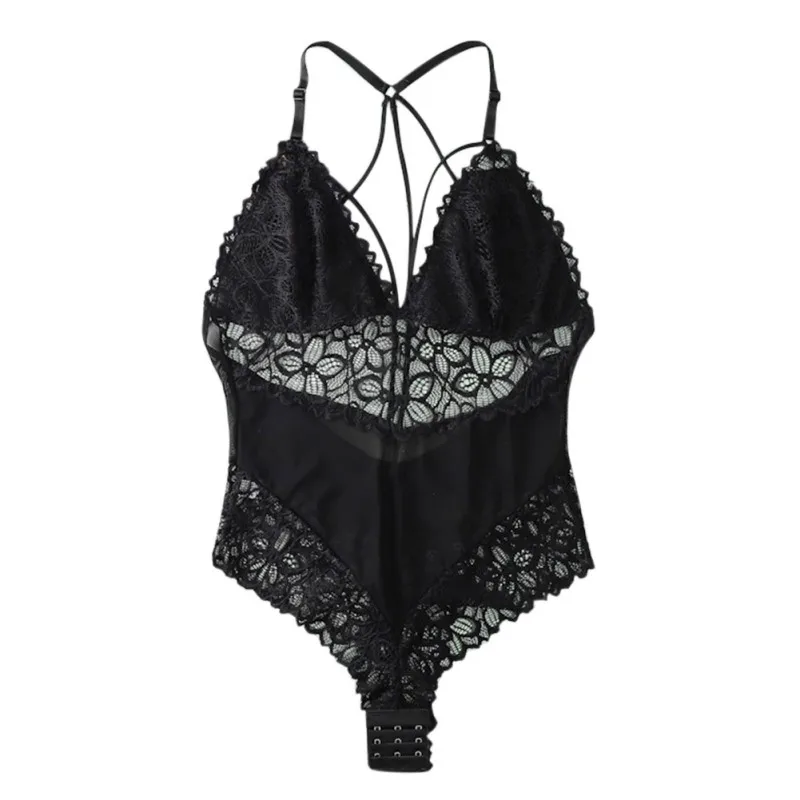 

Back Hollow Out Bodysuit Mesh Black Lace Jumpsuit Women Without Chest Pad Deep V Sling Sexy Ladies Overalls