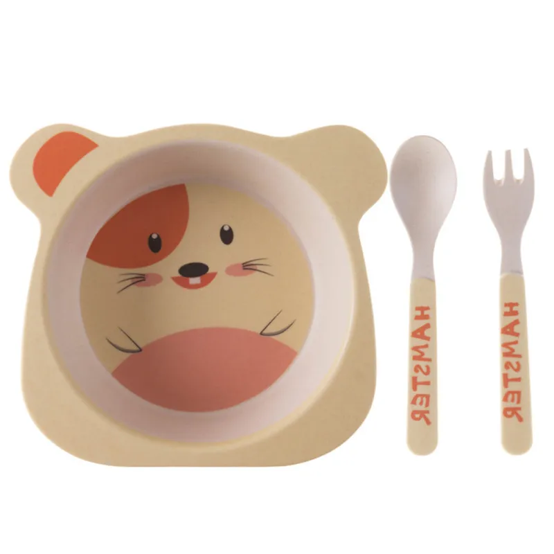 Hamster Набор детской посуды 3 шт./компл., детская чашка, вилка, ложка, животное, антиосенняя посуда из бамбукового волокна, перегородка для кормления, столовая посуда - Цвет: Hamster