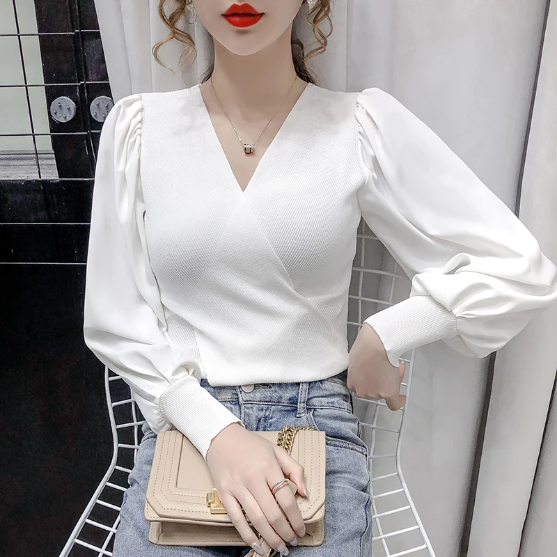 

Womens Long Puff Sleeve Knitted Tops and Blouses Korean Fashion Female Patchwork Pullover Sweater V Neck Blouses for Women