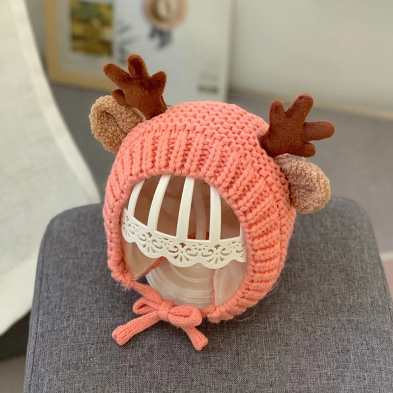 

Infant Baby Winter Knit Beanie Hat Cute Christmas Reindeer Antlers Toddler Windproof Earflap Cap Warmer with Chin Strap