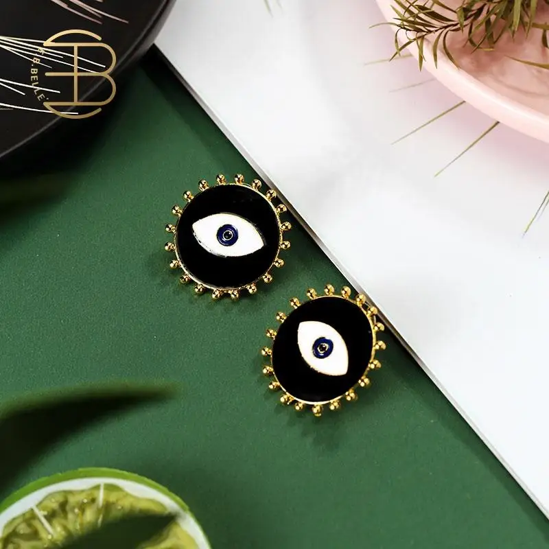 Женские серьги гвоздики в виде чёрного круга Evil Eye винтажные массивные большого