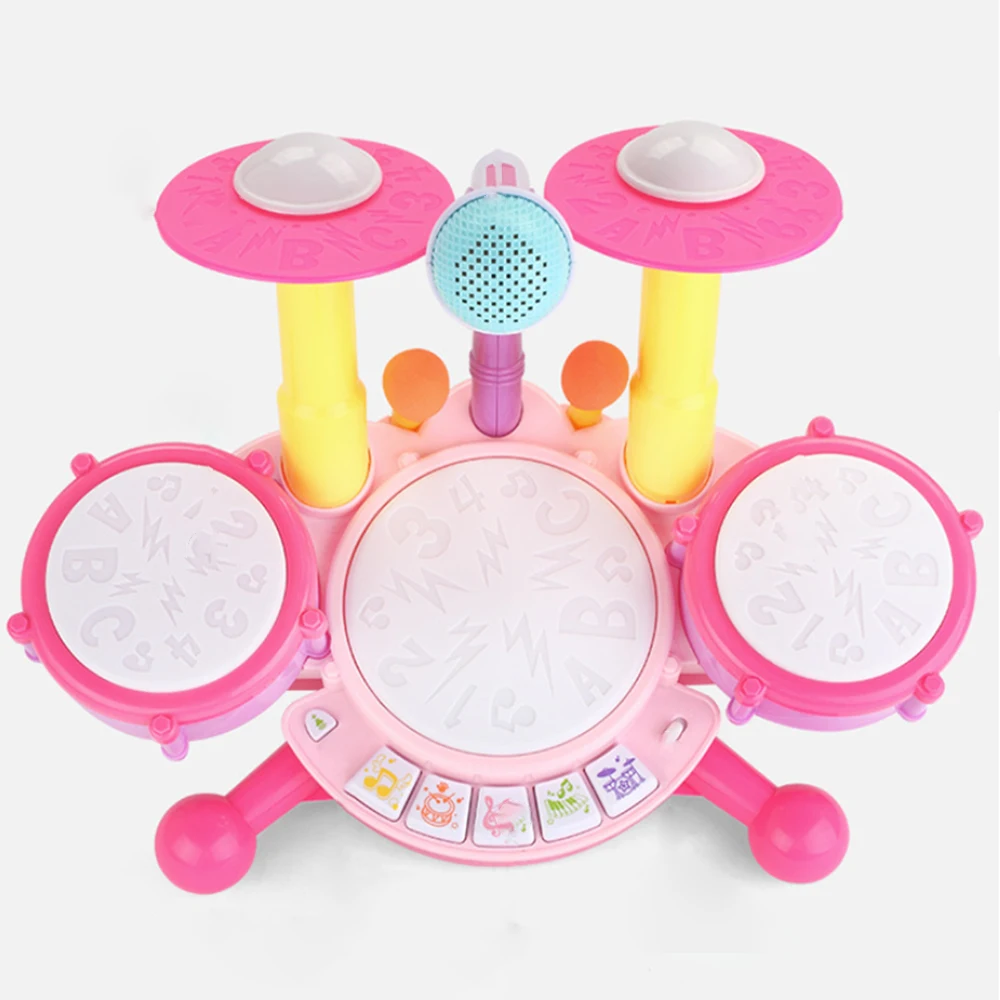 

Kids Drum Set Flash Light Toy Adjustable Microphone Baby Percussion Music Educational Toy For Kids Cartoon Design