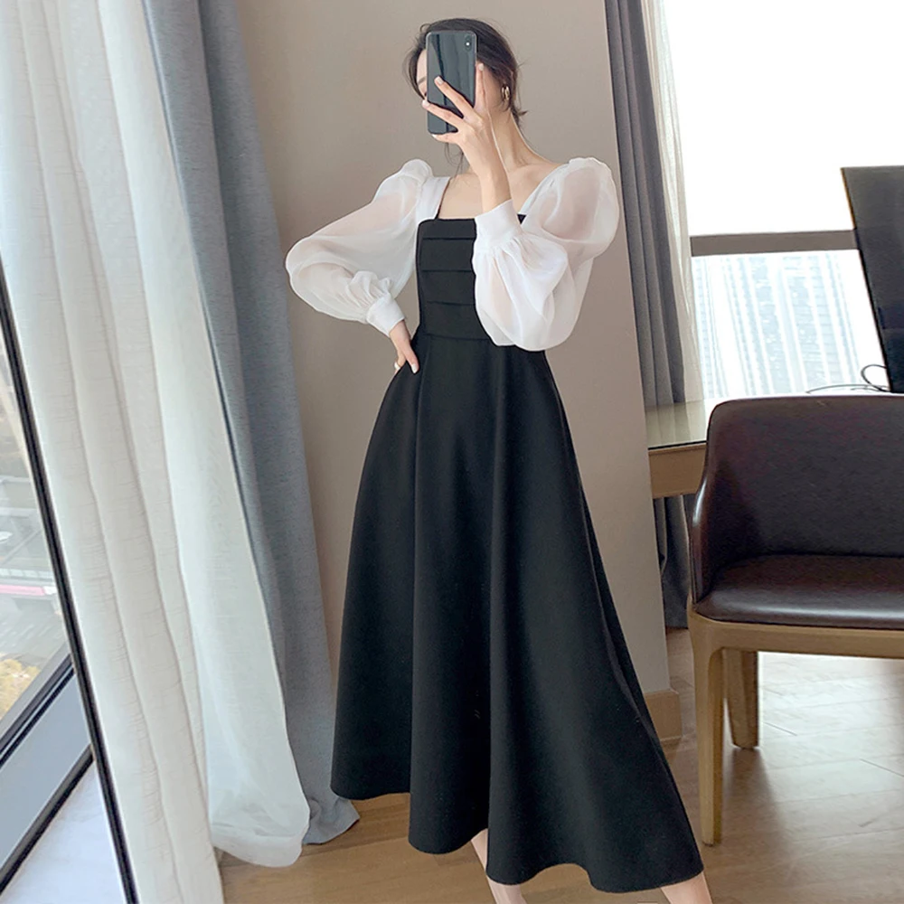 

Women's New Autumn Dress A-line Skirt Casual Sweet Fashion Style Retro French Puff Sleeve Square Neck Waist Slimming Dresses