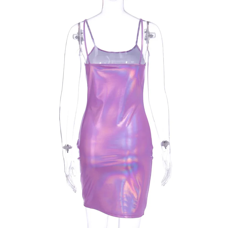 

Violet Solid Shiny Sexy Backless Spaghetti Strap Slim Mini Cocktail Dress Fashion Elegant Chic Gold Bodycon Party Dress Female