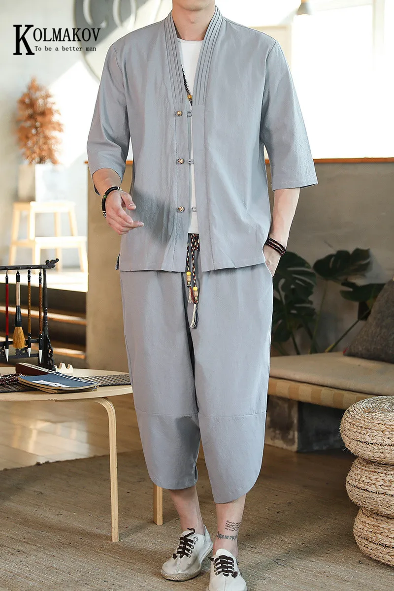 

KOLMAKOV New Chinese Style Suit For Men Cotton And Linen Loose Trend Of Seven - Minute Sleeve Pure Color Of Big Yards Male Set