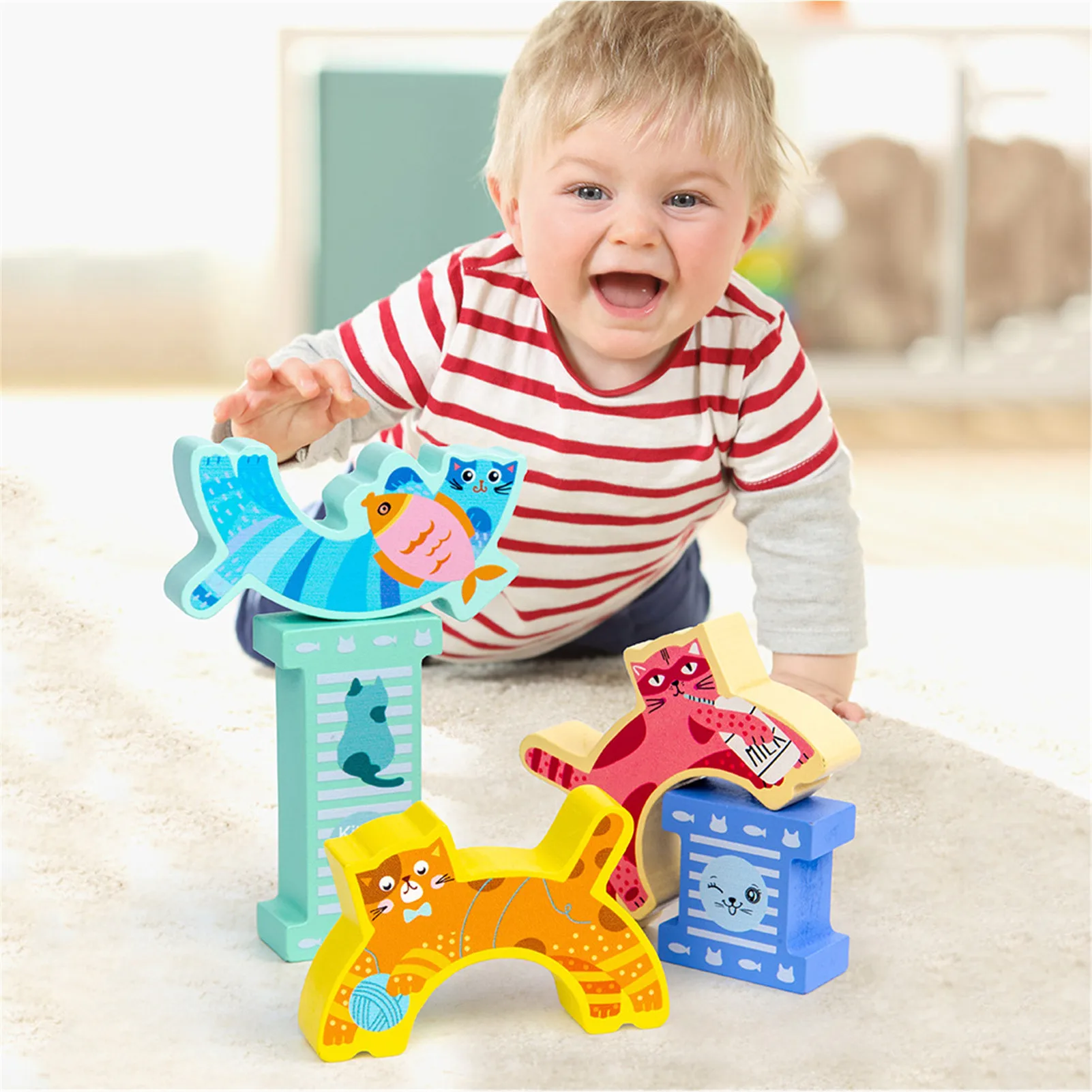 

Kitten Balance Game Wooden Building Blocks Pyram Smooth Stacking Toy Parent-child Stacking High Game Balance Building Blocks Toy