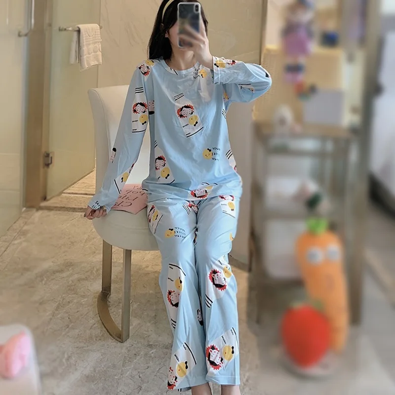 

Women Pajamas Set Autumn Spring Cartoon Printed Long-sleeved Print O-neck Pajamas Sleep Pants For Ladies