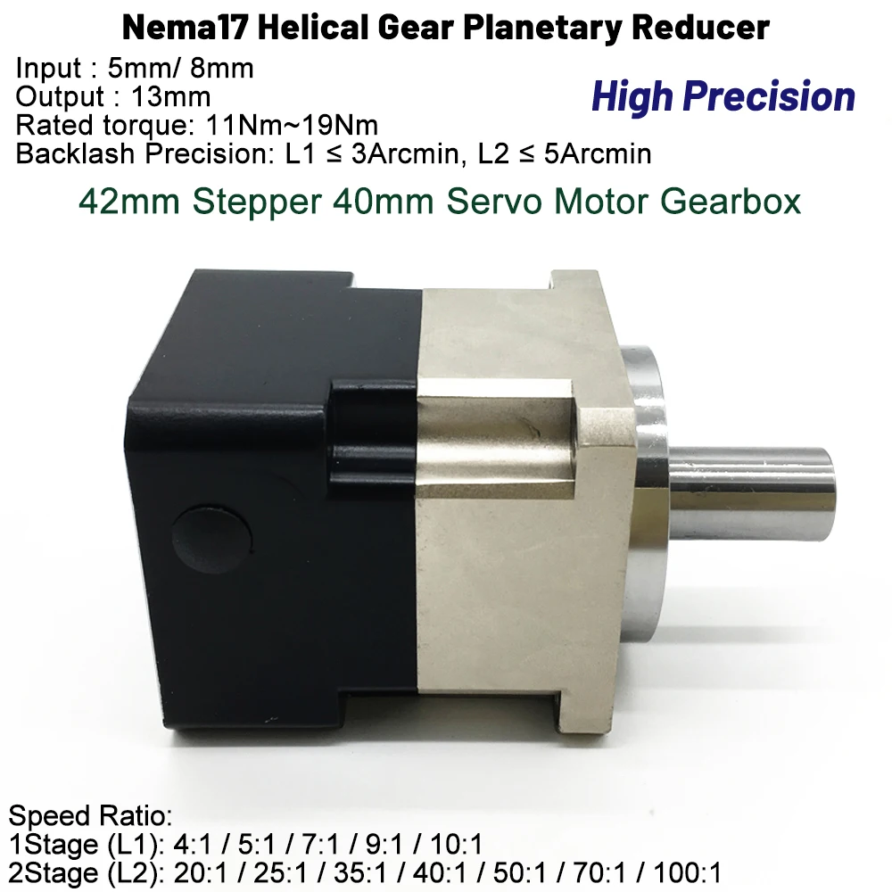 

Helical Gear Planetary Reducer Gearbox 5/8mm Input 5:1,10:1,50:1-100:1 for Nema17 42mm Flange Stepper Motor 40mm Servo Motor