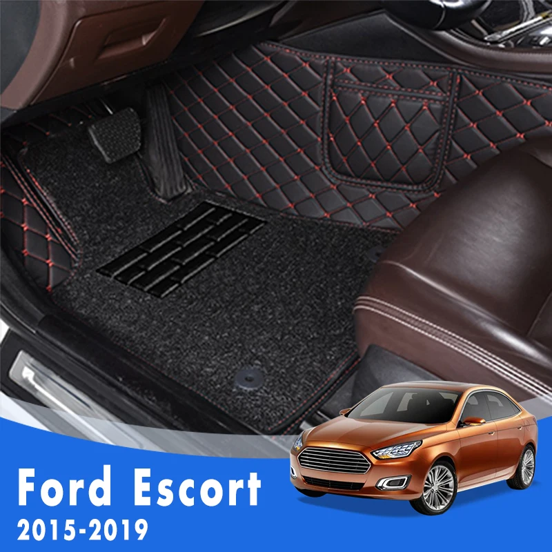 Car Floor Mats For Ford Escort 2019 2018 2017 2016 2015 Double Layer Wire Loop Custom Leather Foot Pad Front And Rear Car Rugs