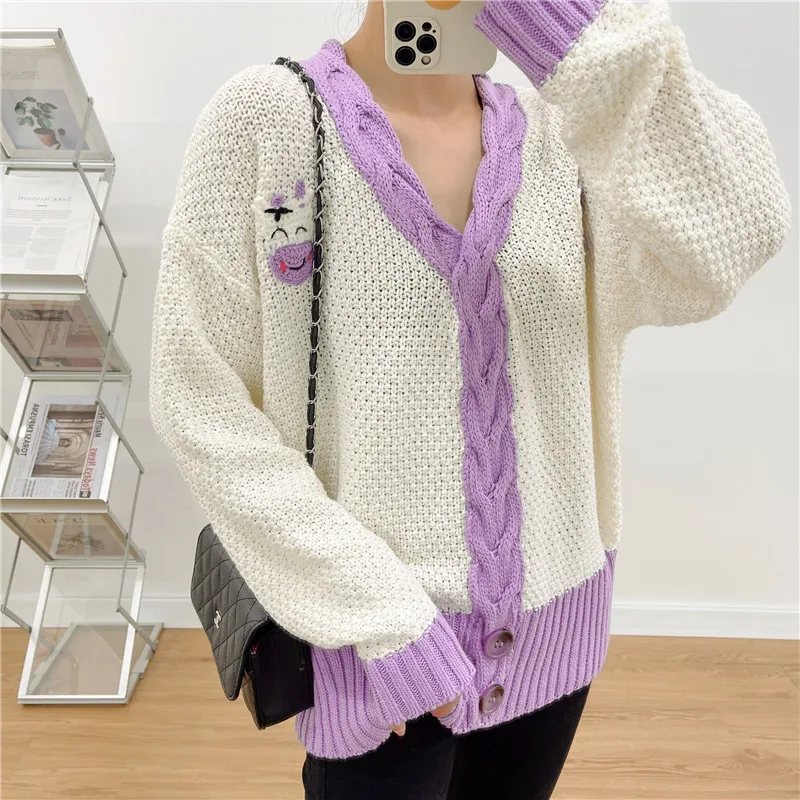 

Purple Twist White Plus Size Sweater 2021 Aurumn Winter Sweater Women Lazy Oaf Pullover Cartoon Pattern V Neck Sweater Jumpers