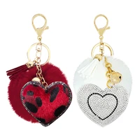 pompom keychains rhinestone heart womens bags key ring handmade accrssories keyrings pendants charming suspension decoration
