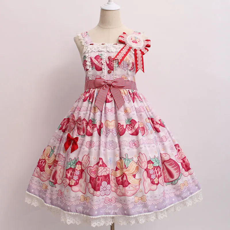 Крем и клубника~ сладкий Лолита печатных JSK платье w. Значок от Alice Girl~ предварительный заказ