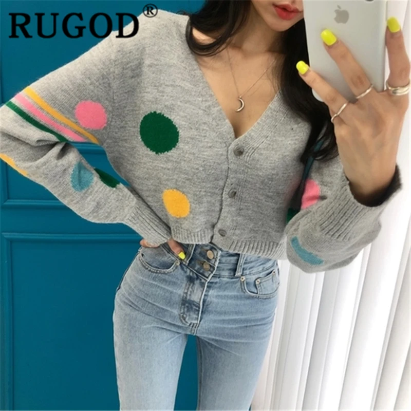 RUGOD 2019 New autumn arrival special sweater cardigans women v neck dot high waist elastic slim knit coat fashion femme korean |