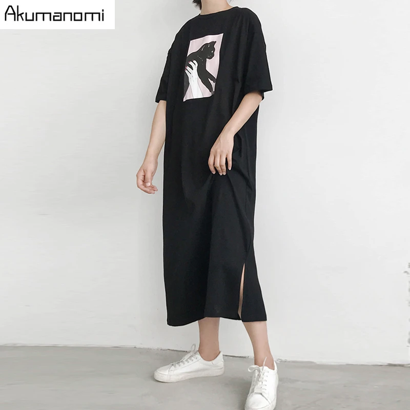 Хлопковые длинные Harajuku черные футболки платья для женщин размера плюс 7xl 6xl 5xl xxxxl