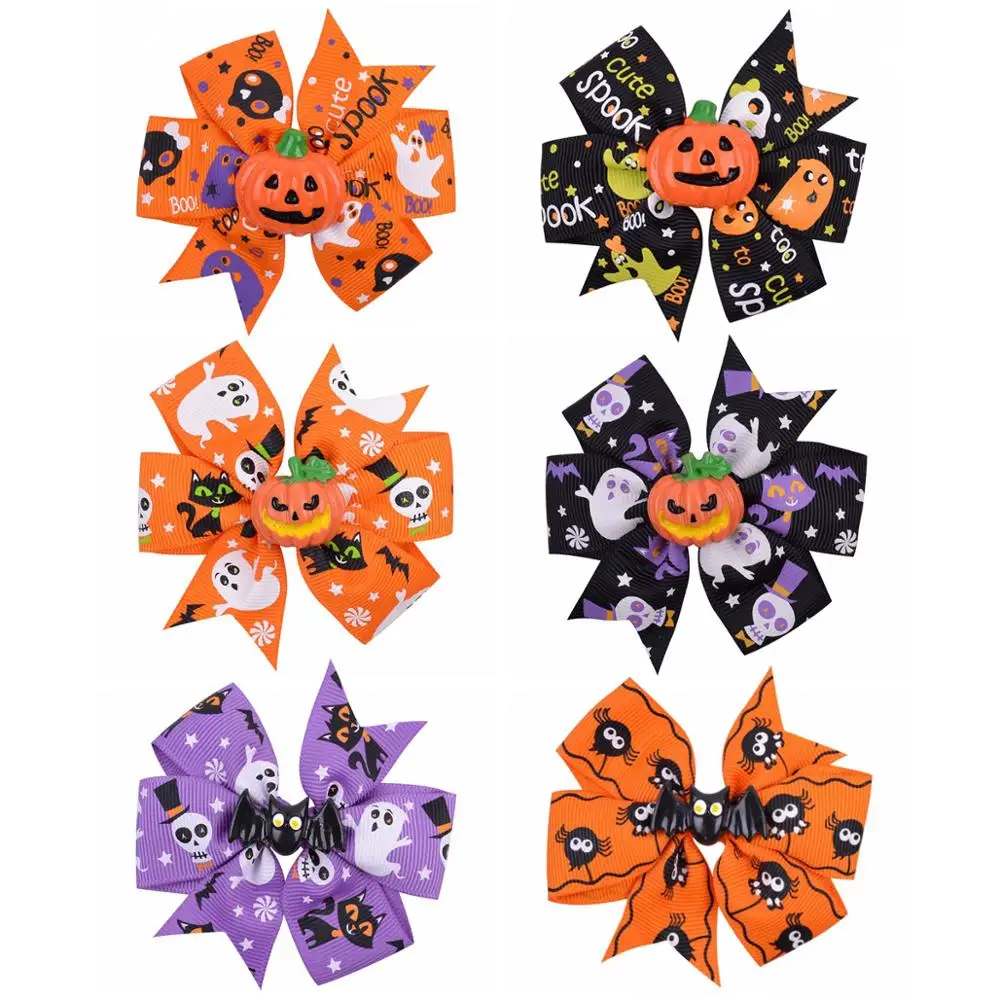 

3.4 inchs Halloween Decoration Grosgrain Ribbon Hair Bows For Baby Girls Ghost Pumpkin Pinwheel Hair Clips Hair Accessories