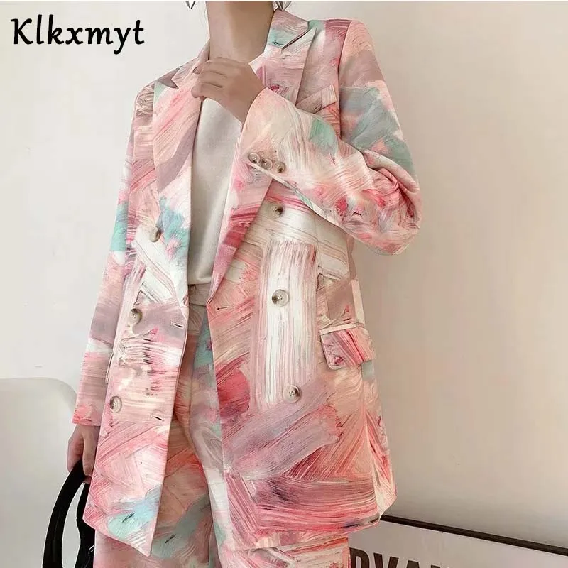 Костюм Klkxmyt женский короткий Модный двубортный пиджак и брюки средней длины с