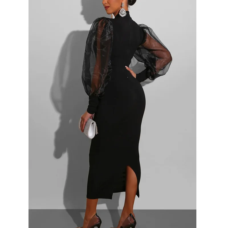 

2021 Fashion Women Spring Autumn Dress Mesh Puff Sleeve Bodycon Long Dress Women Sexy Black Club Back Pencil Dress