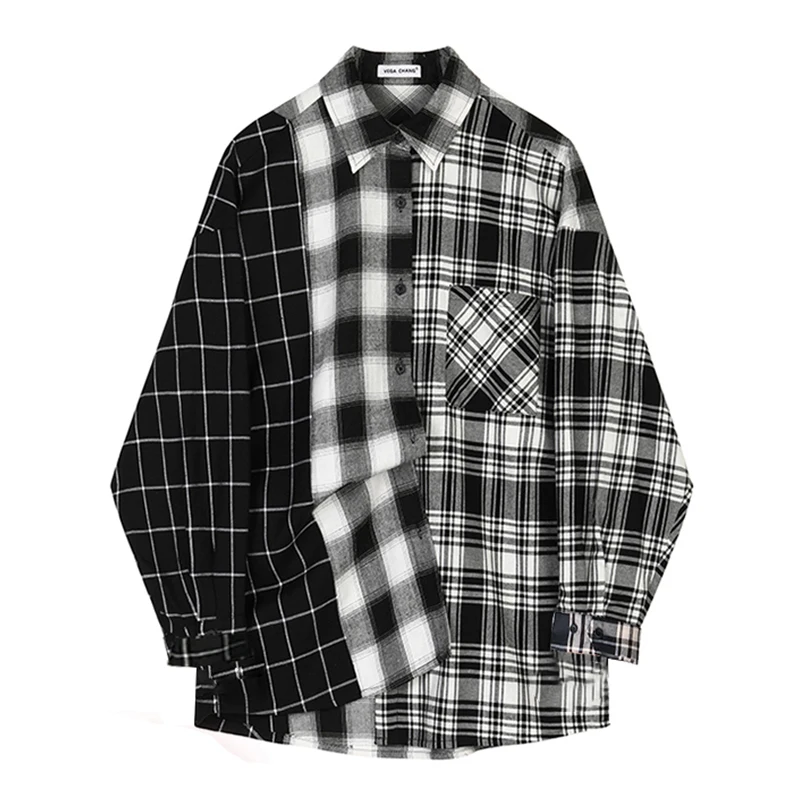 

Oversized Plaid Patchwork Blouses Vintage Streetwear Boyfriend Shirt for Ladies Ulzzang Harajuku Long Sleeve 2021 Blusas Tops