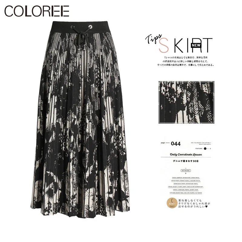 Vintage Black Floral Printed Knitted Woman Skirt 2021 Autumn Winter High Waist A-line Midi Skirts Womens | Женская одежда