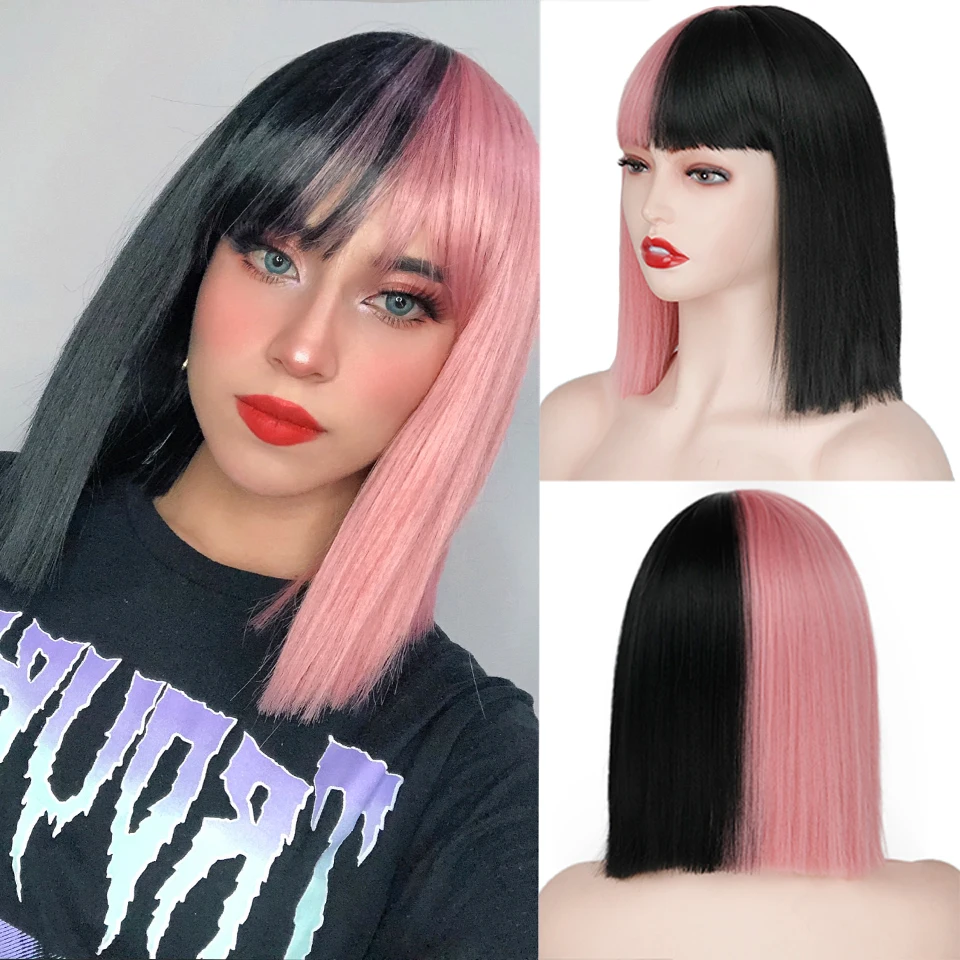 

Synthetic Hair Lolita Wig Pink and Black Wig Long Straight hair Cosplay Wig Blue Red Two Tone Ombre Color Women Wigs