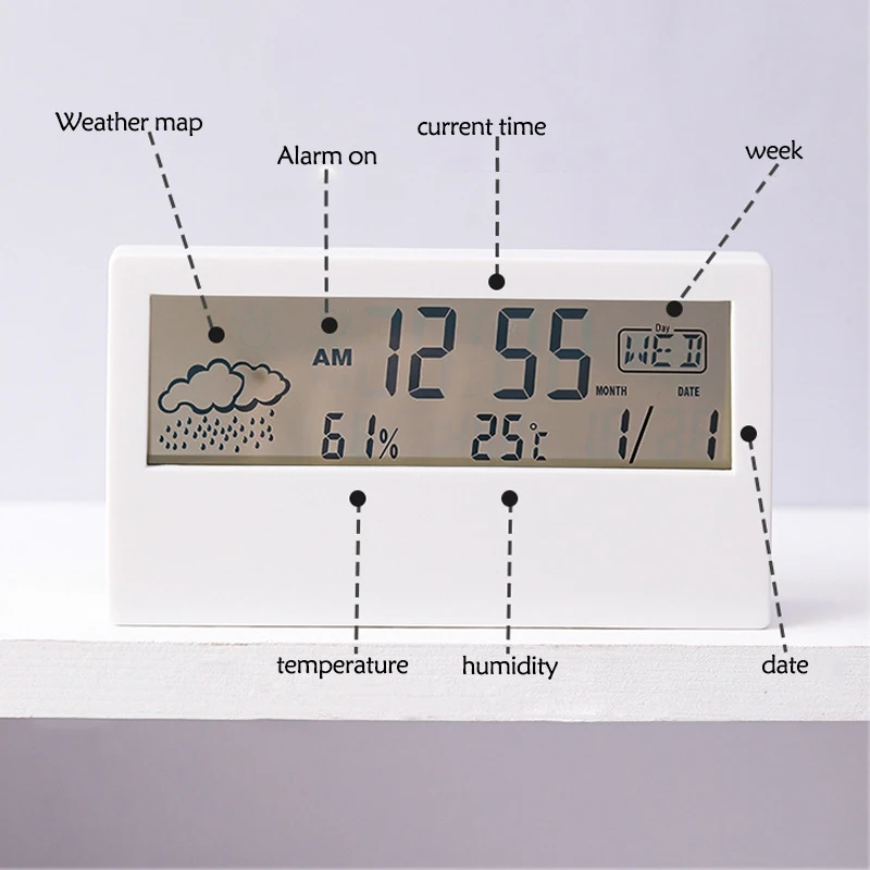 

New LCD Alarm Clock Transparent Screen Weather Station Alarm Clocks Indoor Hygrometer Thermometer Weather Forecast Sensor Clock