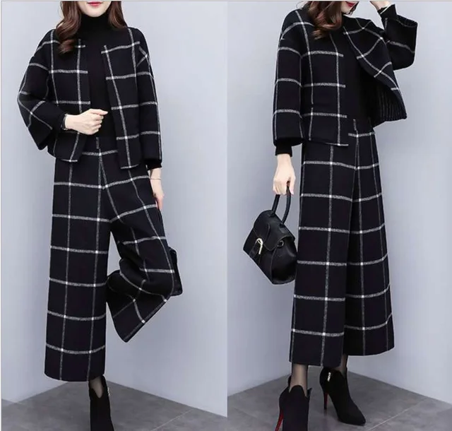

2020 Autumn Winter High Waist Wide Leg Pants Suits For Women Two Piece Set Office Lady Plaid Blazer Jacket Trousers Plus Size