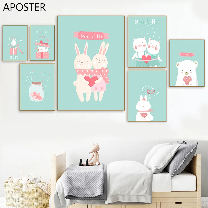 Картина на холсте с изображением счастливой любви кролика поросенка кота