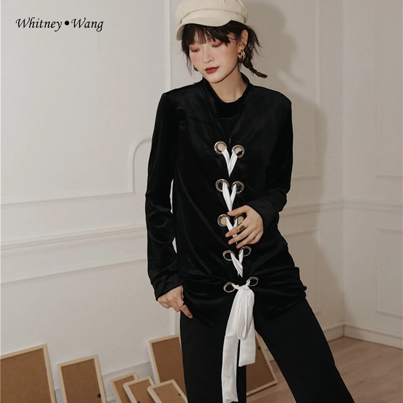 Осень 2019 модная уличная одежда WHITNEY WANG бархатная Толстовка на шнуровке с лентами