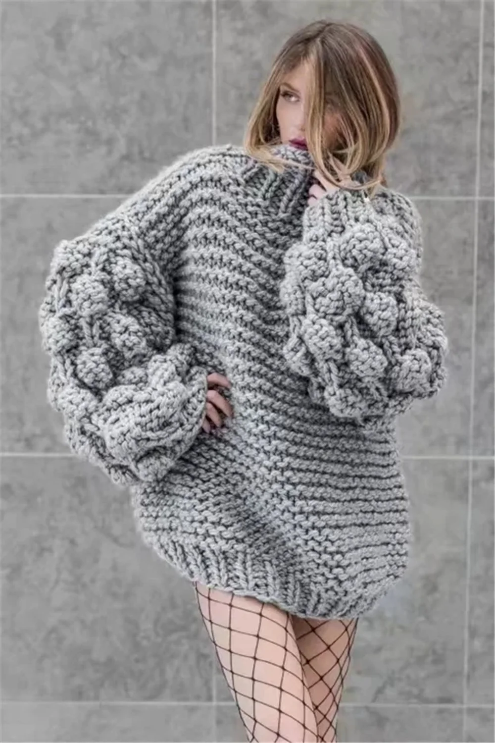 2021 Autumn Handmade Three-Dimensional Lantern Sleeve Loose Collar Women's Warm Winter Head Knitted Sweater Fashion Clothing