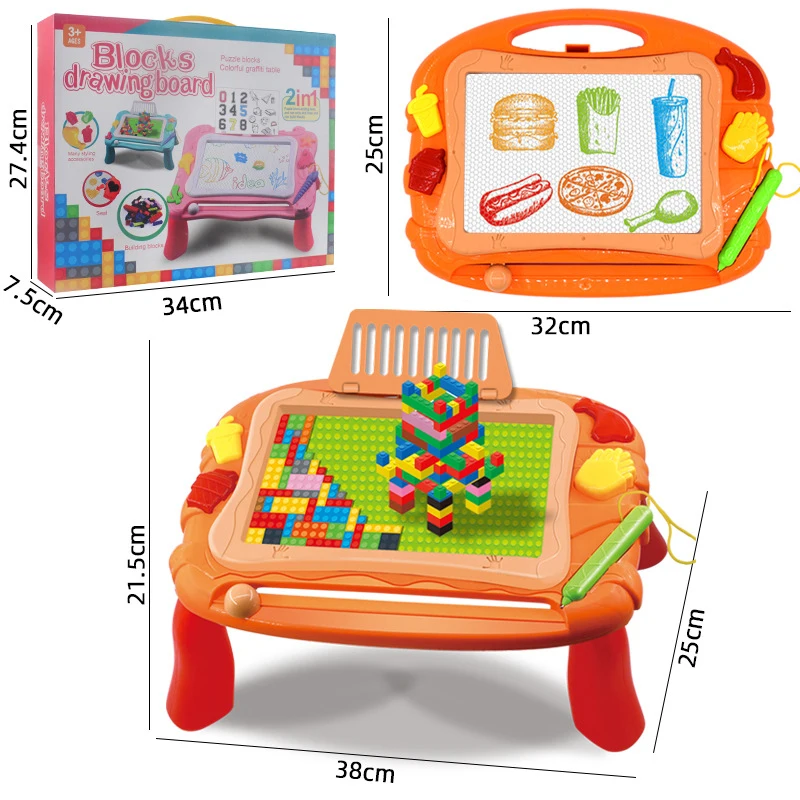 

Kids 2-in-1 Multifunction Activity Table Educational Toys for Kids Magnetic Writing Board Building Table