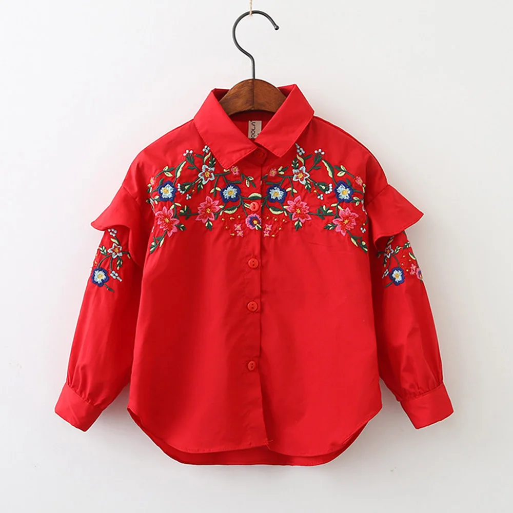 Модная брендовая Блузка для девочек с цветочной вышивкой милая детская Весенняя