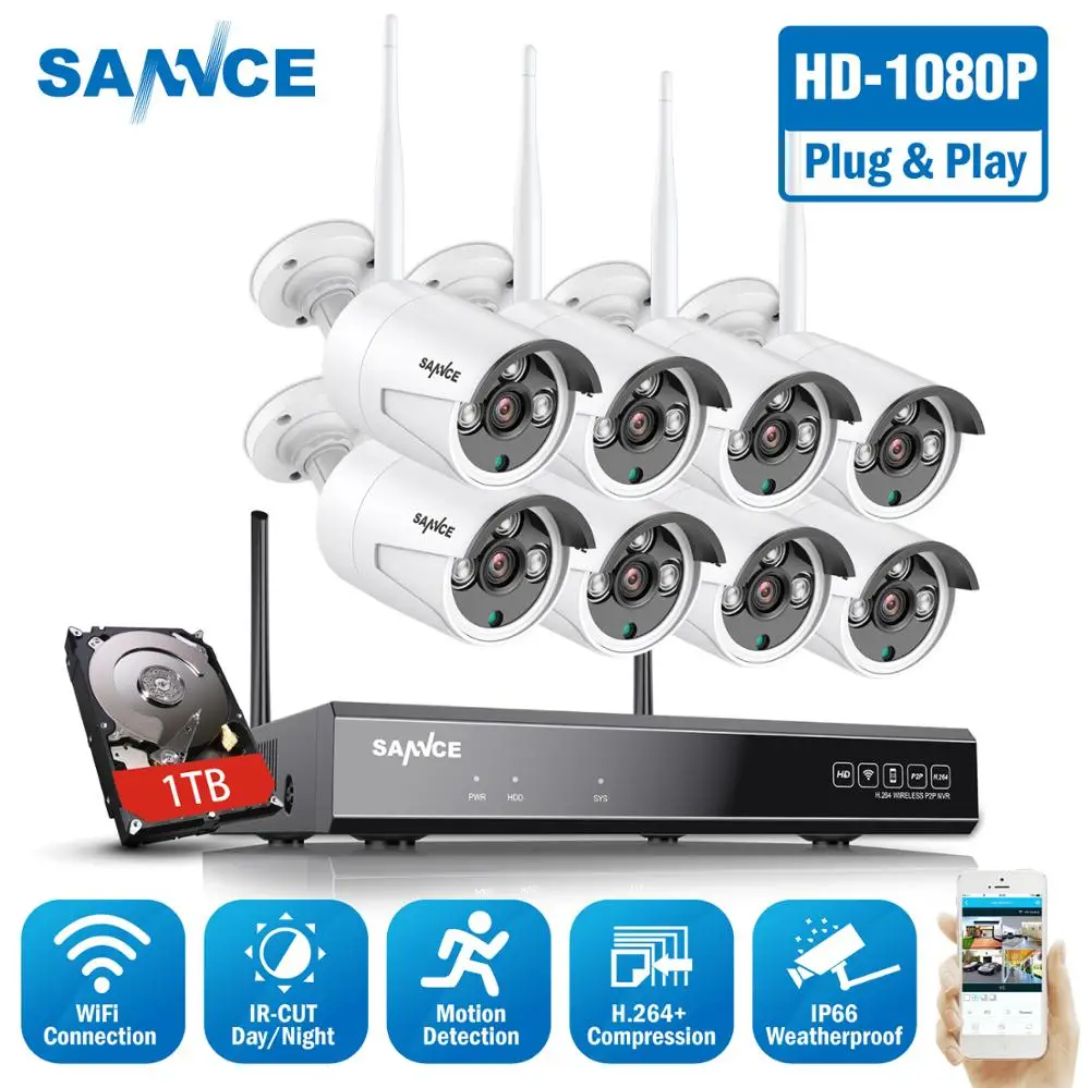 SANNCE 8CH 1080P Wi-Fi камера видеонаблюдения системы безопасности 8 шт. 2MP беспроводная уличная Wifi ip-камера P2P система видеонаблюдения Комплект