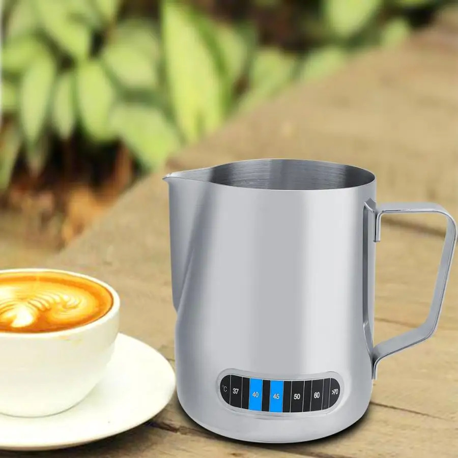 

Milk Frothing Cup Coffee Pitcher with Temperature Display for Latte Art Stainless Steel l Milk Jug New