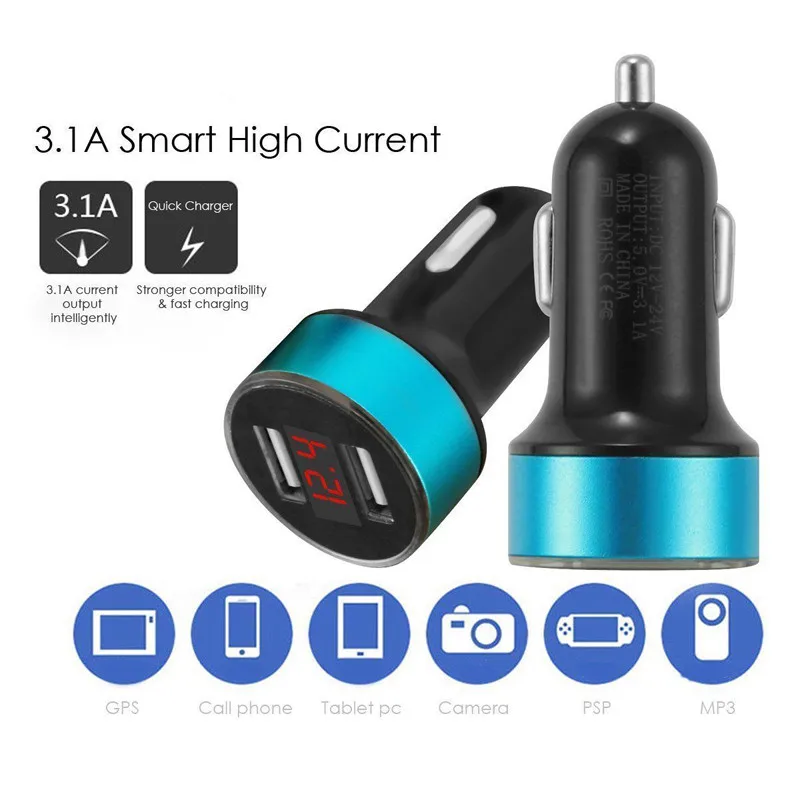 3.1A светодиодный дисплей Dual USB Автомобильное зарядное устройство для мобильного