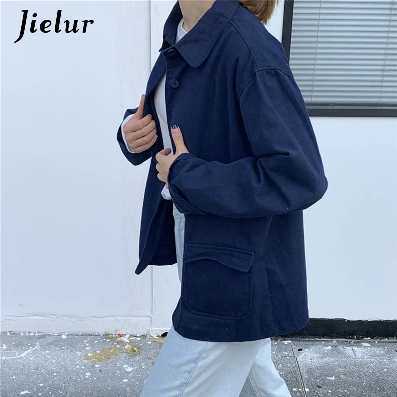 

Jielur Solid Color Chic Jacket Women Slim Loose Coat Autumn Winter New 2020 Femme Outwear Button Long Sleeve Jackets Korean Blue